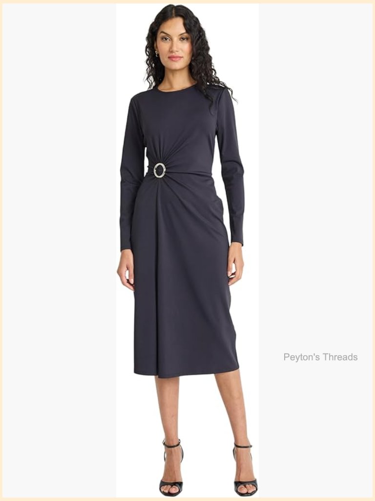 Long Sleeve Midi Sheath Dress With O-Ring Detail